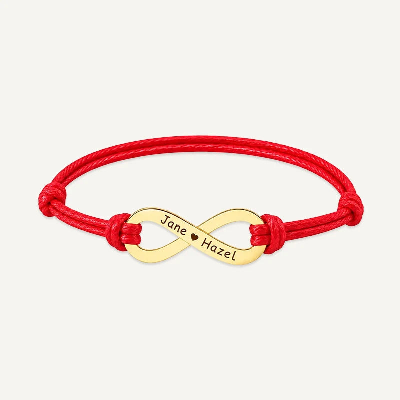 Bracelet Cordon Infini Personnalisé avec Prénoms Or Rouge