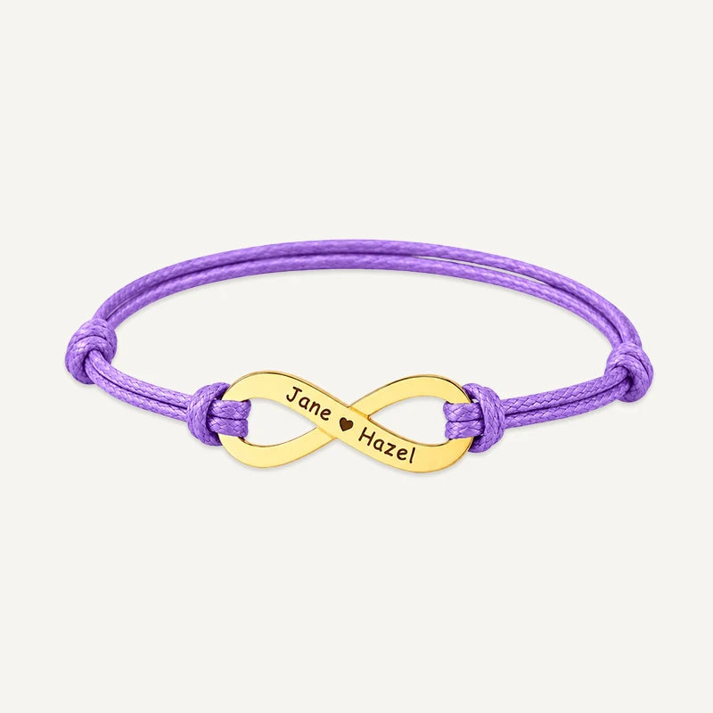 Bracelet Cordon Infini Personnalisé avec Prénoms Or Violet