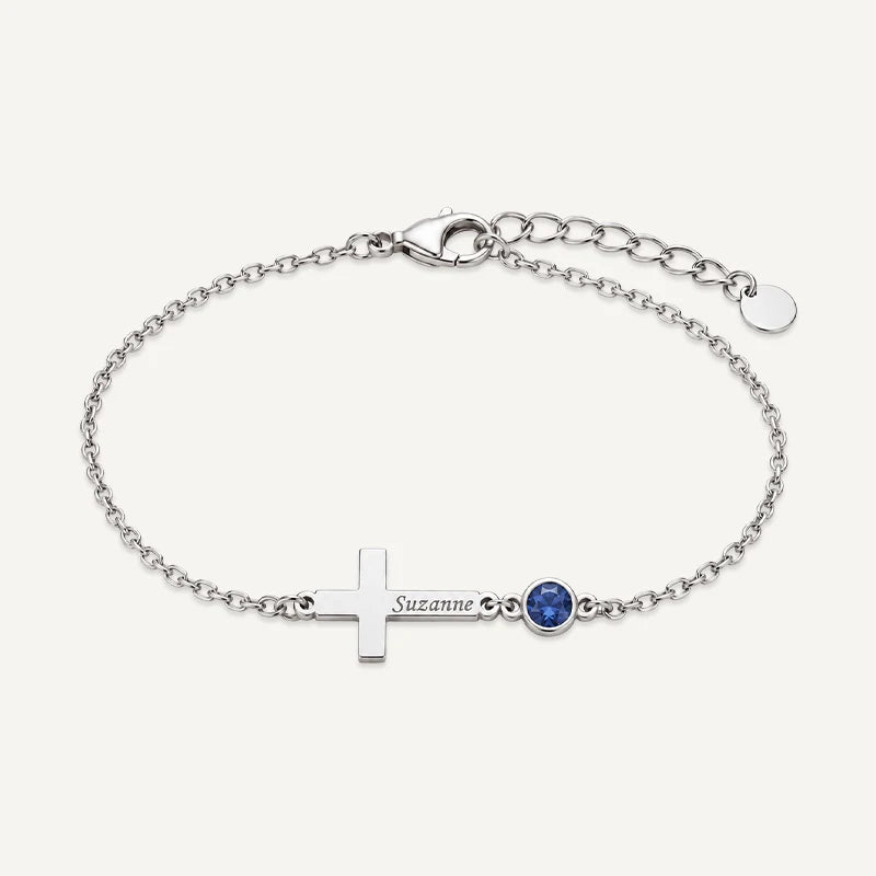 Bracelet Croix Gravée avec Pierre de Naissance Argent