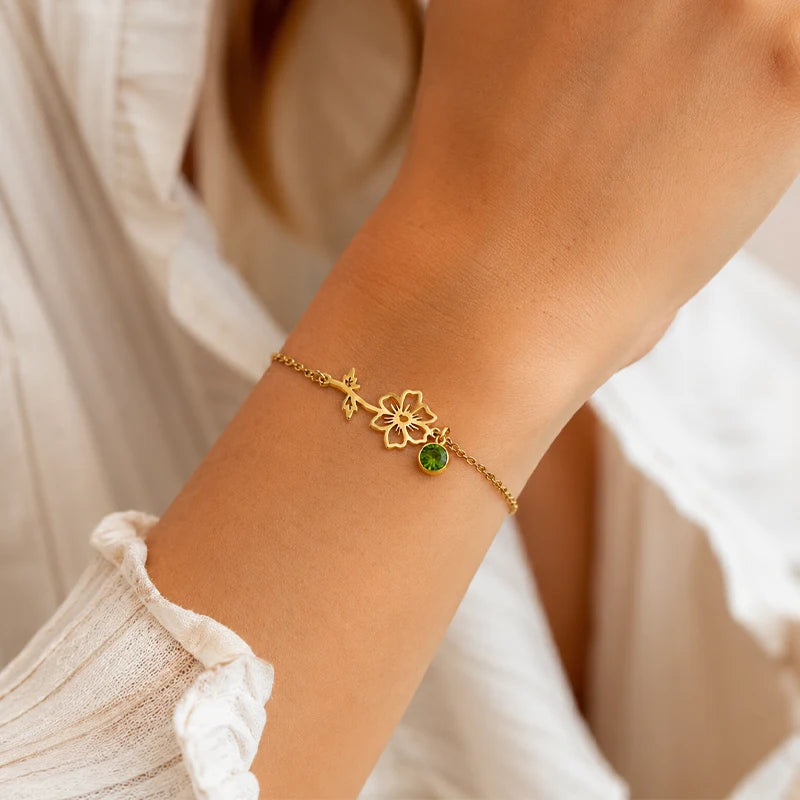 Bracelet Fleur et Pierre de Naissance Femme
