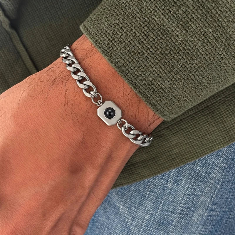 Bracelet Homme Carré Projection Photo Argent Homme