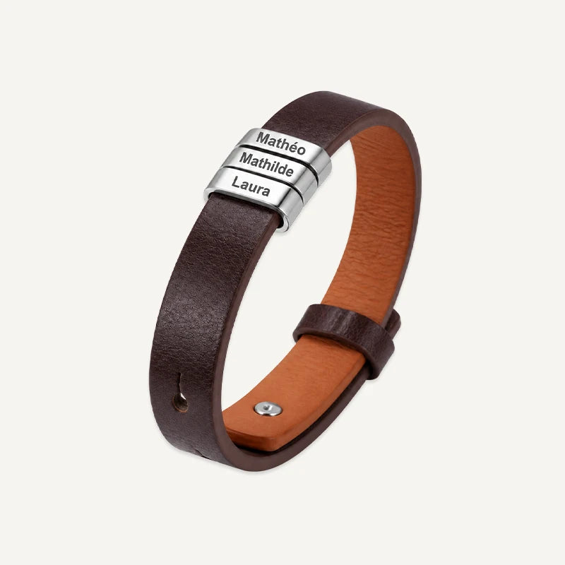Bracelet Homme Cuir avec Gravure Marron Foncé