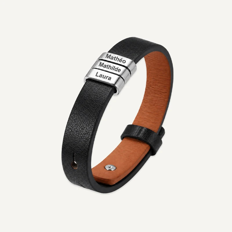 Bracelet Homme Cuir avec Gravure Noir