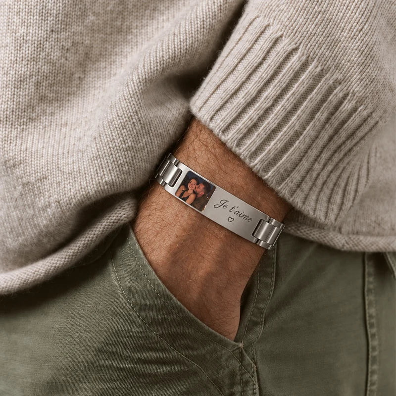 Bracelet Homme Photo avec Texte Gravé Argent Homme