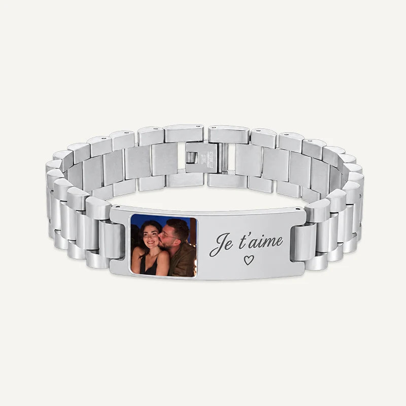 Bracelet Homme Photo avec Texte Gravé Argent