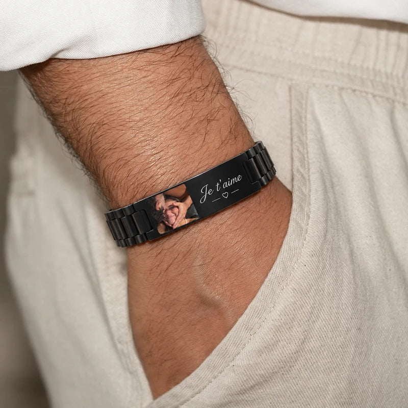 Bracelet Homme Photo avec Texte Gravé Noir Homme