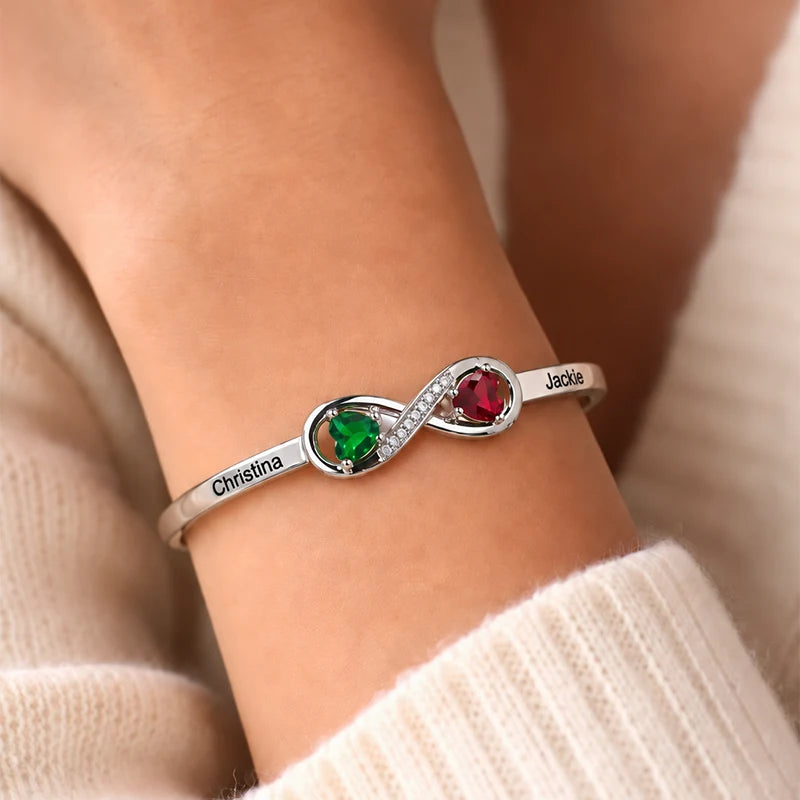 Bracelet Infini 2 Prénoms avec Pierres de Naissance Argent Femme