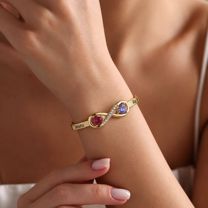 Bracelet Infini 2 Prénoms avec Pierres de Naissance Or Femme