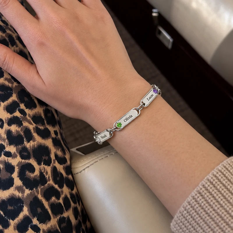 Bracelet Maillons Prénoms Gravés avec Pierres de Naissance Argent Femme