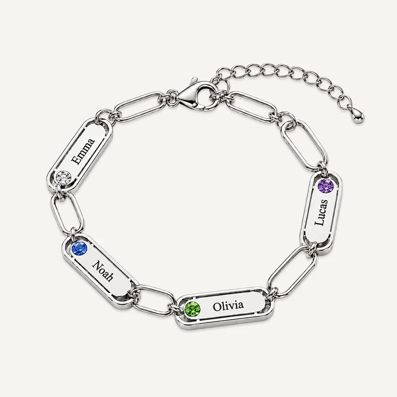 Bracelet Maillons Prénoms Gravés avec Pierres de Naissance Argent