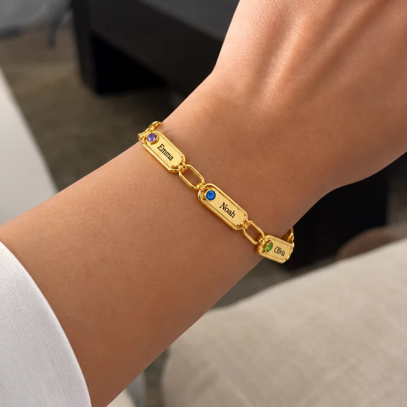 Bracelet Maillons Prénoms Gravés avec Pierres de Naissance Or Femme