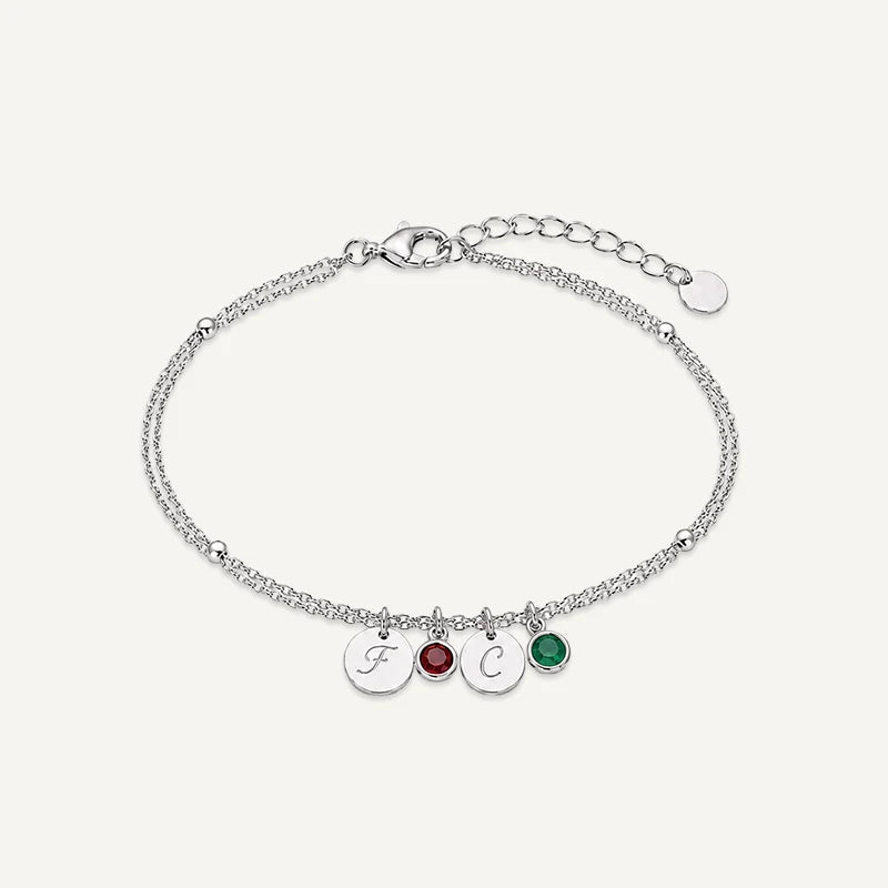 Bracelet personnalisé avec Initiale et Pierre de Naissance Argent 2 Medaillons