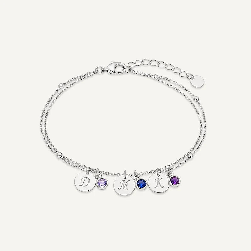 Bracelet personnalisé avec Initiale et Pierre de Naissance Argent 3 Medaillons