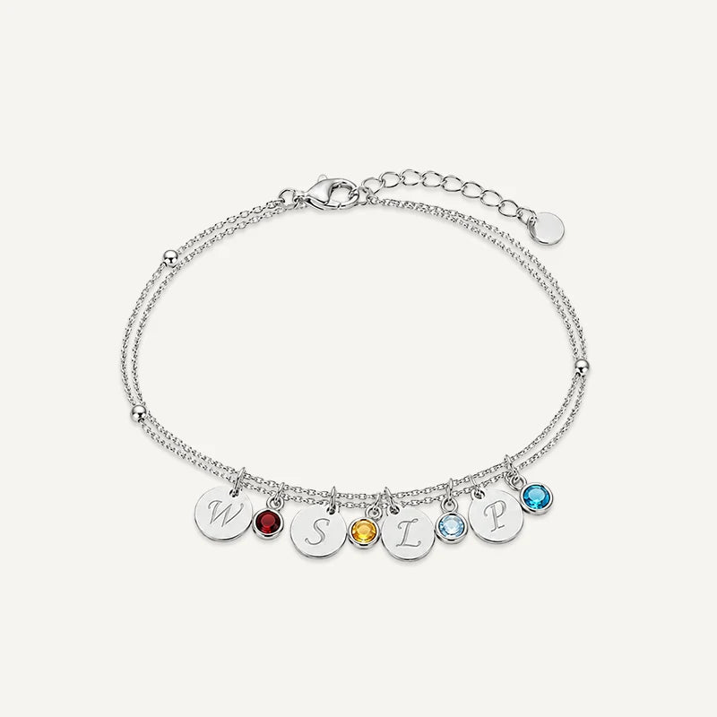 Bracelet personnalisé avec Initiale et Pierre de Naissance Argent 4 Medaillons