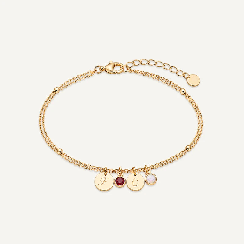 Bracelet personnalisé avec Initiale et Pierre de Naissance Or 2 Medaillons