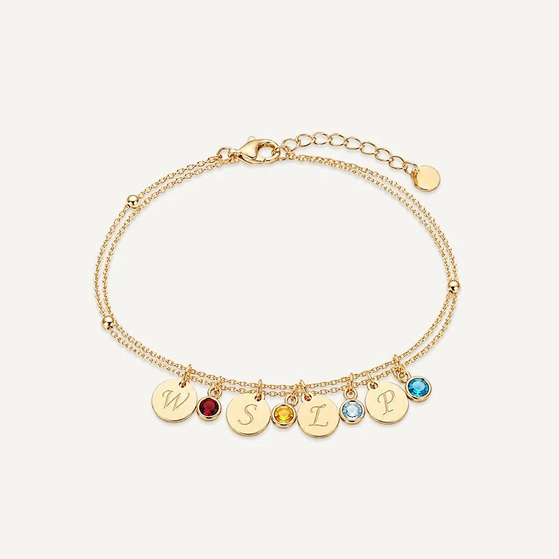 Bracelet personnalisé avec Initiale et Pierre de Naissance Or 4 Medaillons