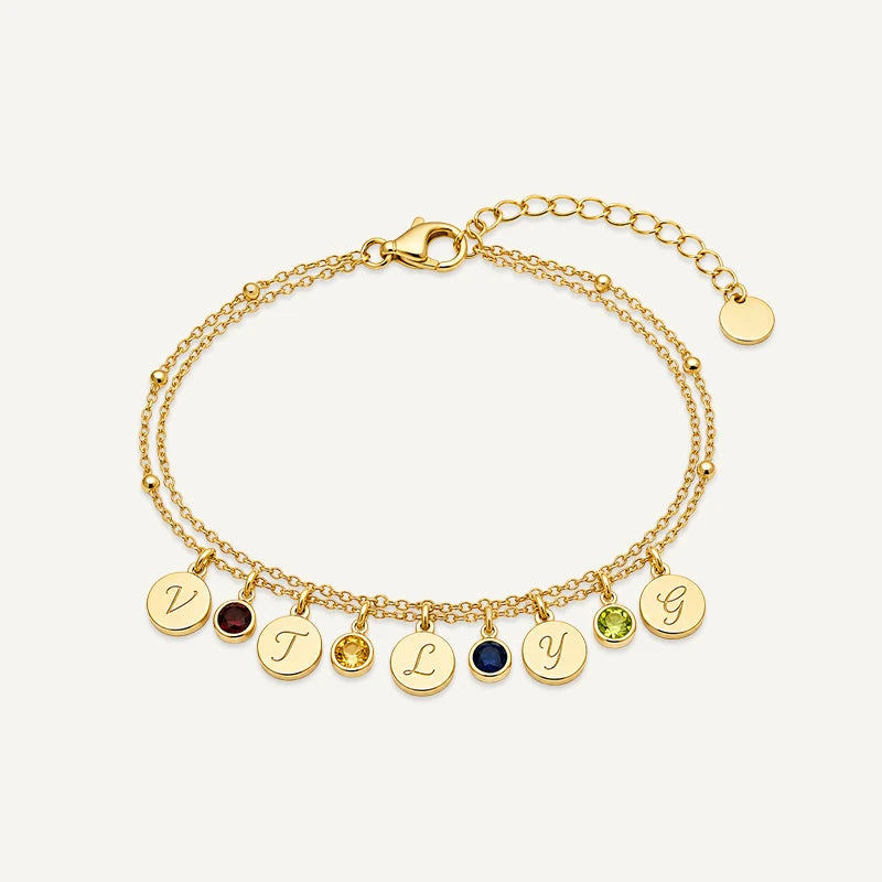 Bracelet personnalisé avec Initiale et Pierre de Naissance Or 5 Medaillons