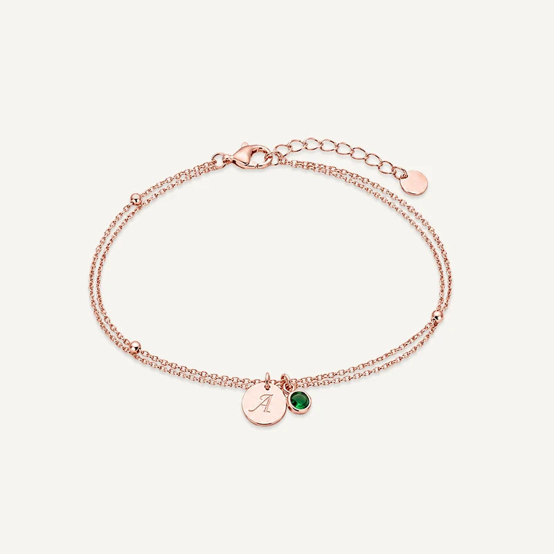 Bracelet personnalisé avec Initiale et Pierre de Naissance Or Rose 1 Medaillon
