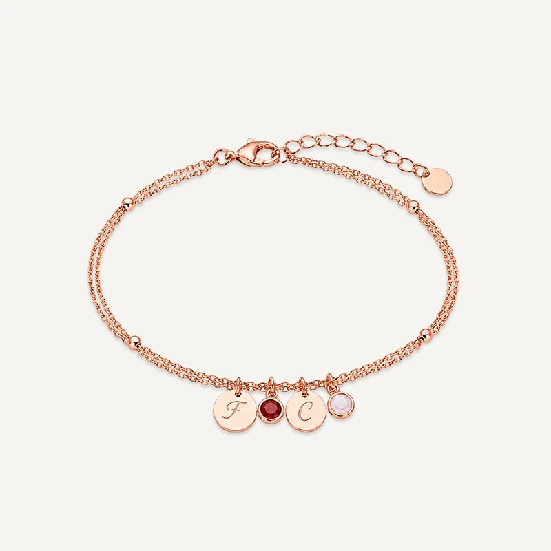Bracelet personnalisé avec Initiale et Pierre de Naissance Or Rose 2 Medaillons