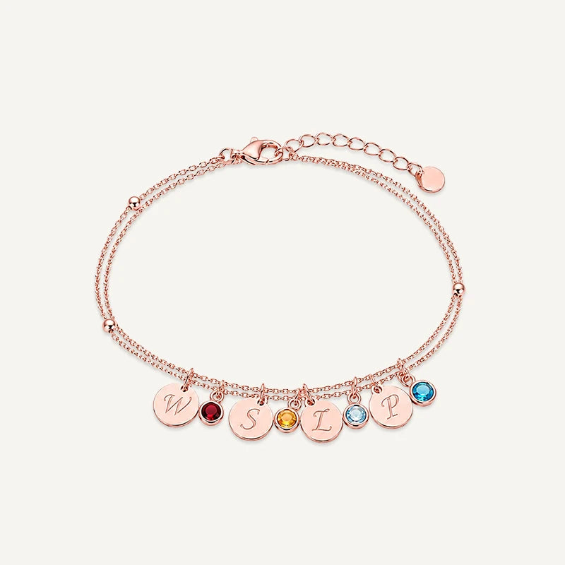 Bracelet personnalisé avec Initiale et Pierre de Naissance Or Rose 4 Medaillons