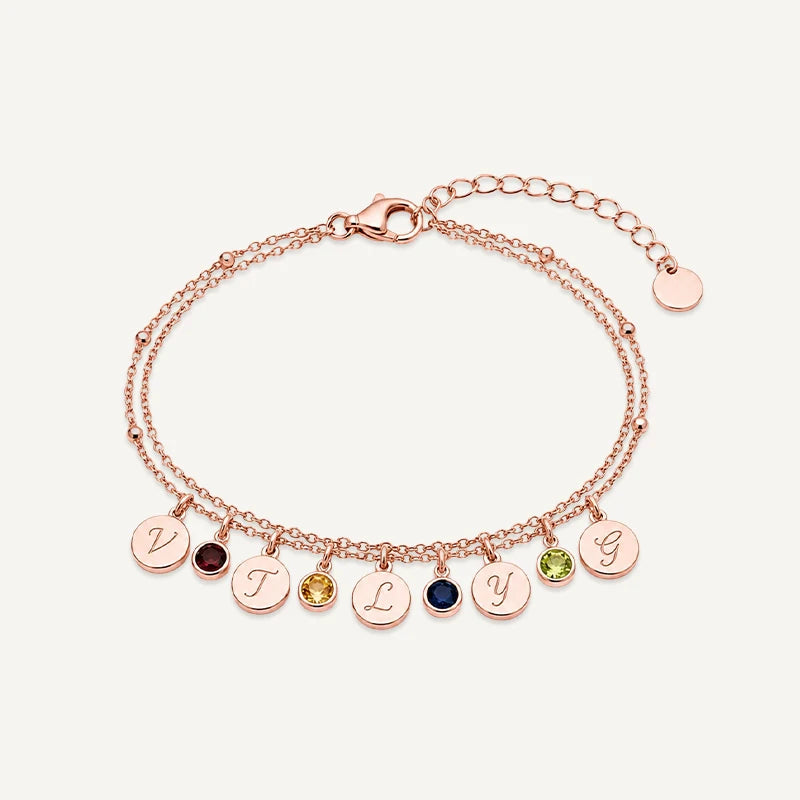 Bracelet personnalisé avec Initiale et Pierre de Naissance Or Rose 5 Medaillons