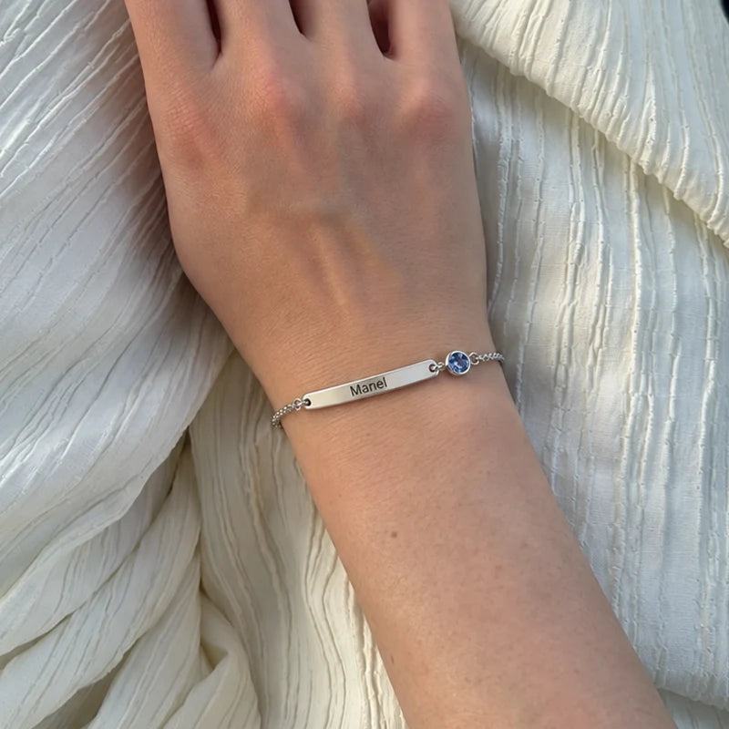 Bracelet Plaque Prénom avec Pierre de Naissance Argent Femme