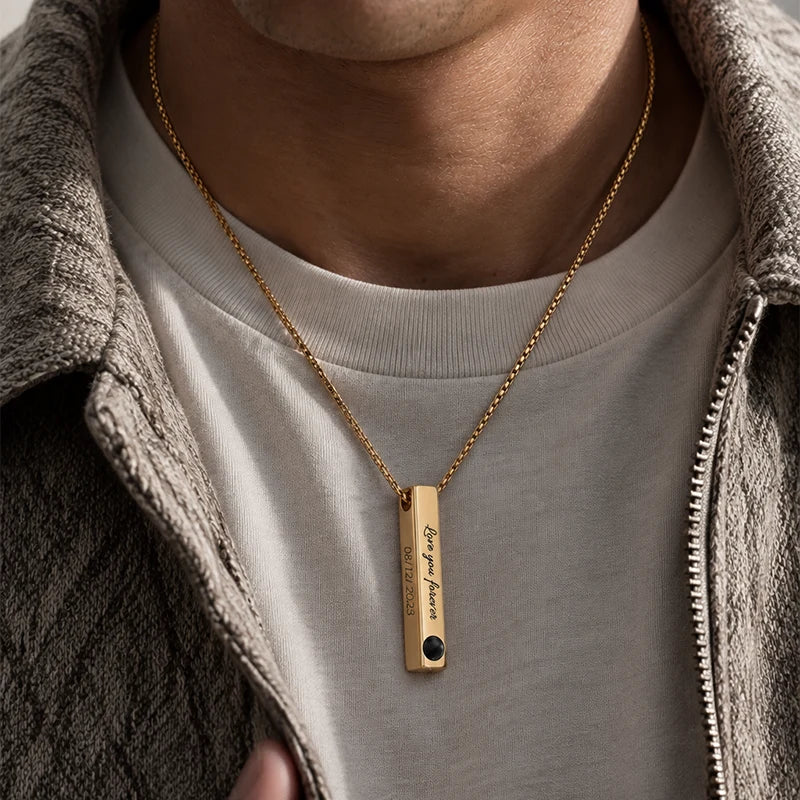 Collier Barre Verticale Personnalisé et Projection Photo Or Homme