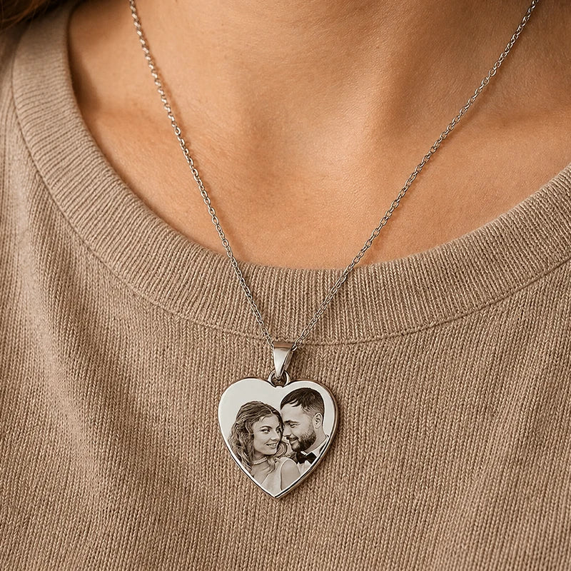 Collier Cœur Photo Gravée Femme Argent