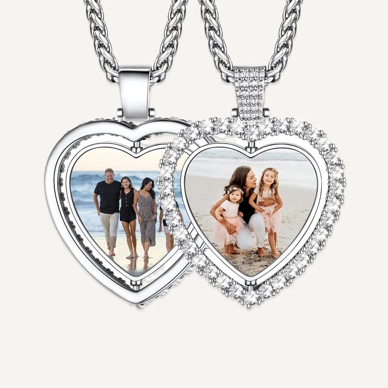 Collier Cœur Photo Rotatif 2 Faces Argent