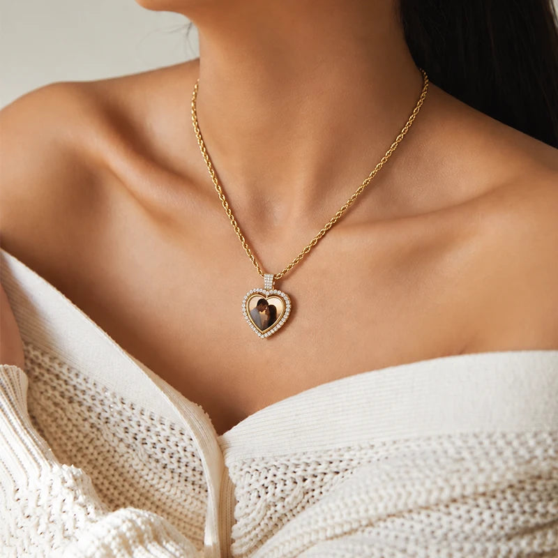Collier Cœur Photo Rotatif 2 Faces Or Femme