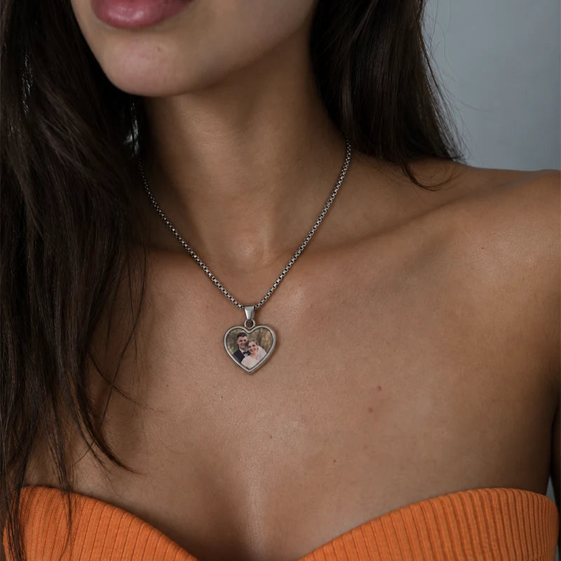 Collier Cœur Photo Thermique Personnalisé Argent Femme