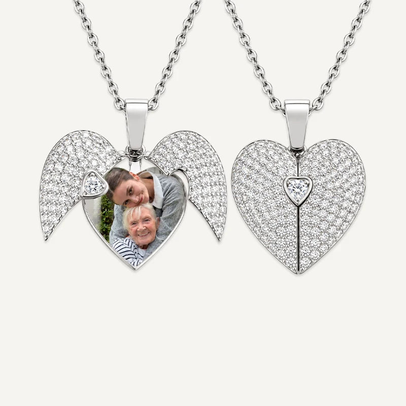 Collier Cœur Scintillant Ailes d’Ange Photo Argent Double Faces