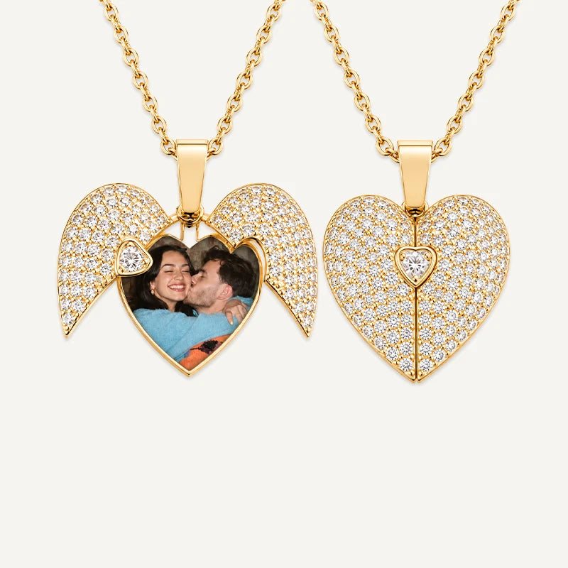 Collier Cœur Scintillant Ailes d’Ange Photo Or Double Faces