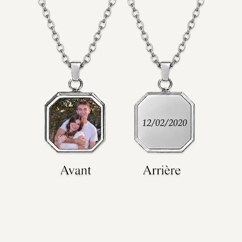 Collier Femme Photo Thermique avec Gravure Argent Deux Faces