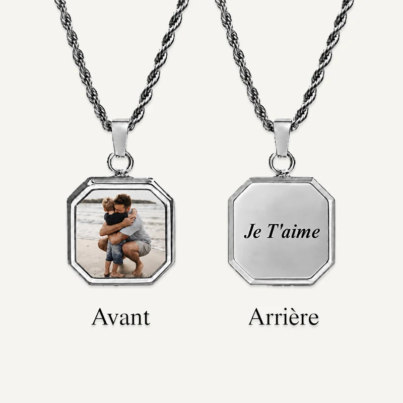 Collier Homme Photo Thermique avec Gravure Argent Deux Faces