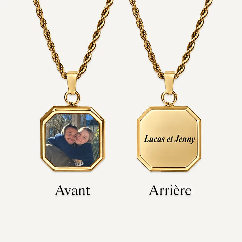Collier Homme Photo Thermique avec Gravure Or Deux Faces
