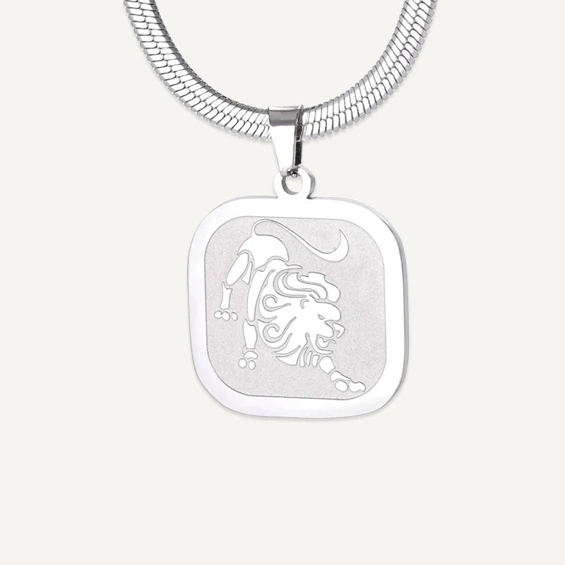Collier Médaillon Carré Signe Astrologique Argent Lion