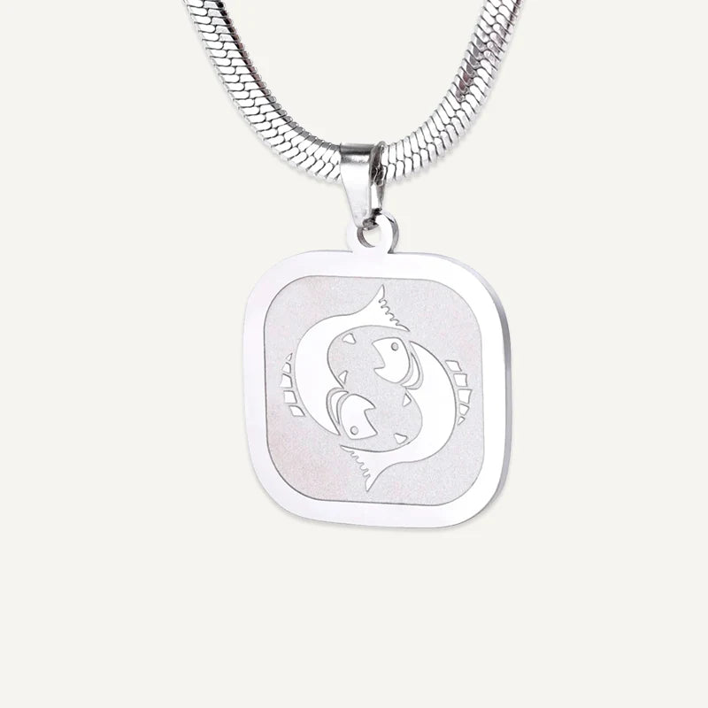 Collier Médaillon Carré Signe Astrologique Argent Poissons