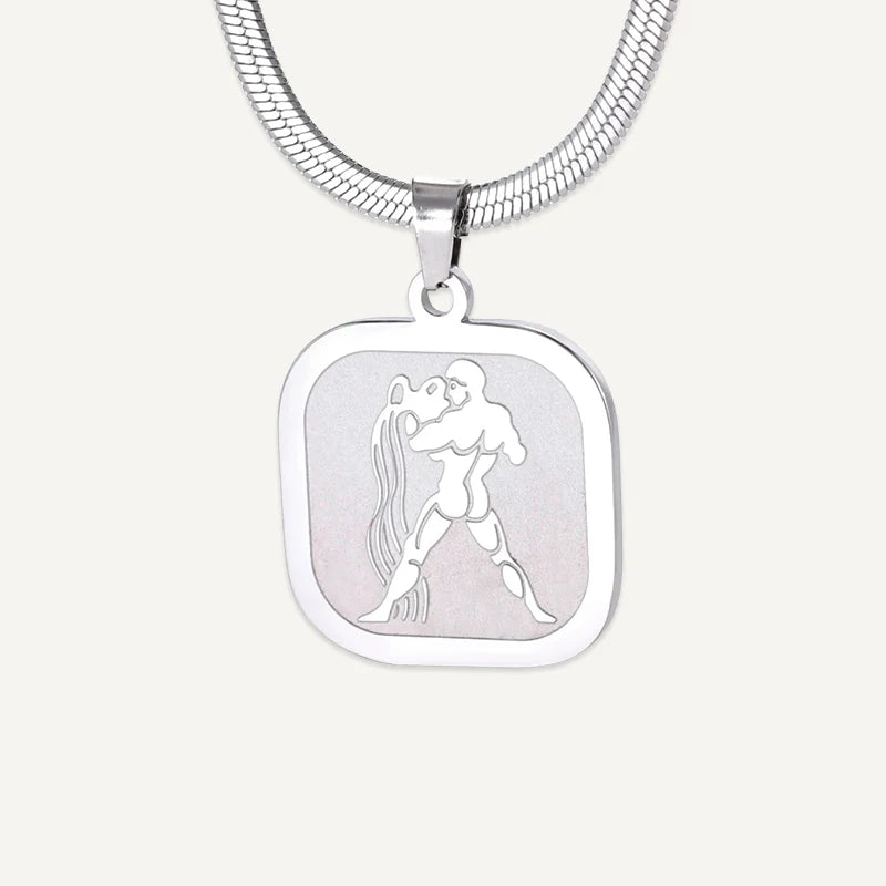 Collier Médaillon Carré Signe Astrologique Argent Verseau 