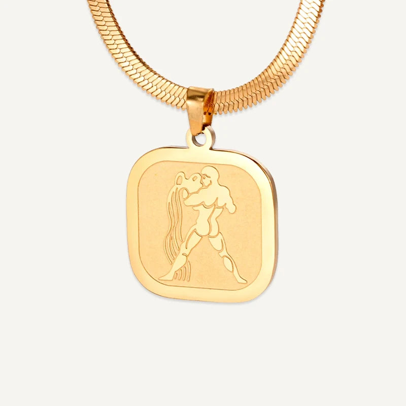 Collier Médaillon Carré Signe Astrologique Or Verseau