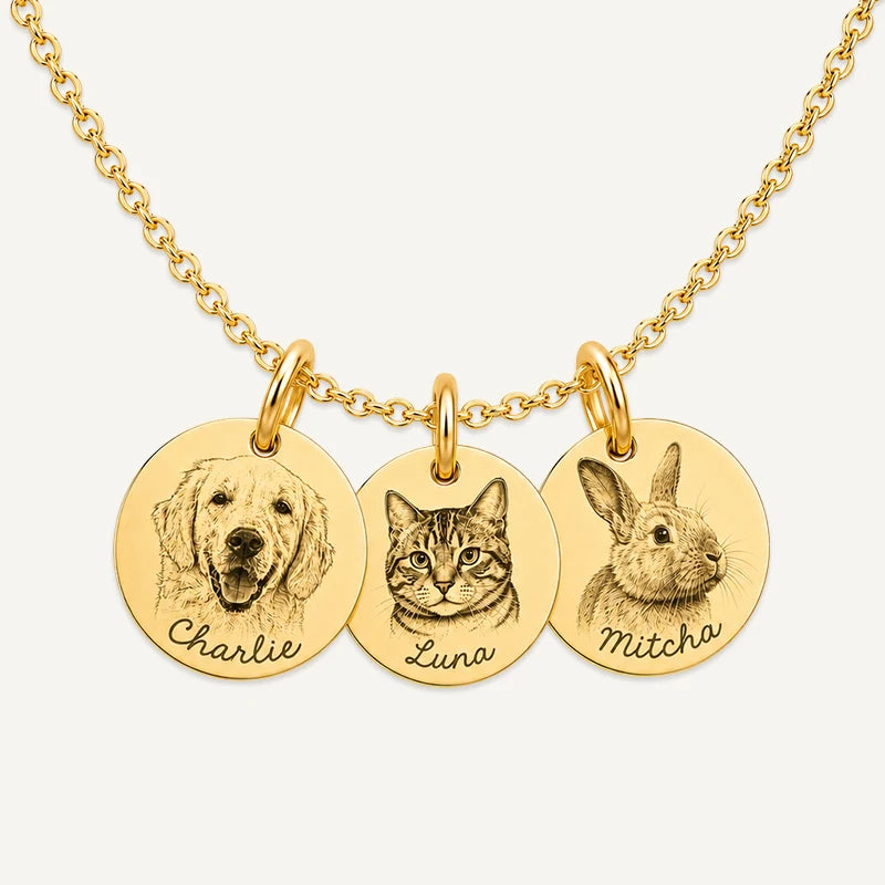 Collier 3 Médaillons Photo Animal Gravé Or