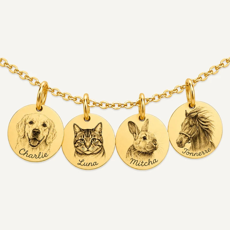 Collier 4 Médaillons Photo Animal Gravé Or