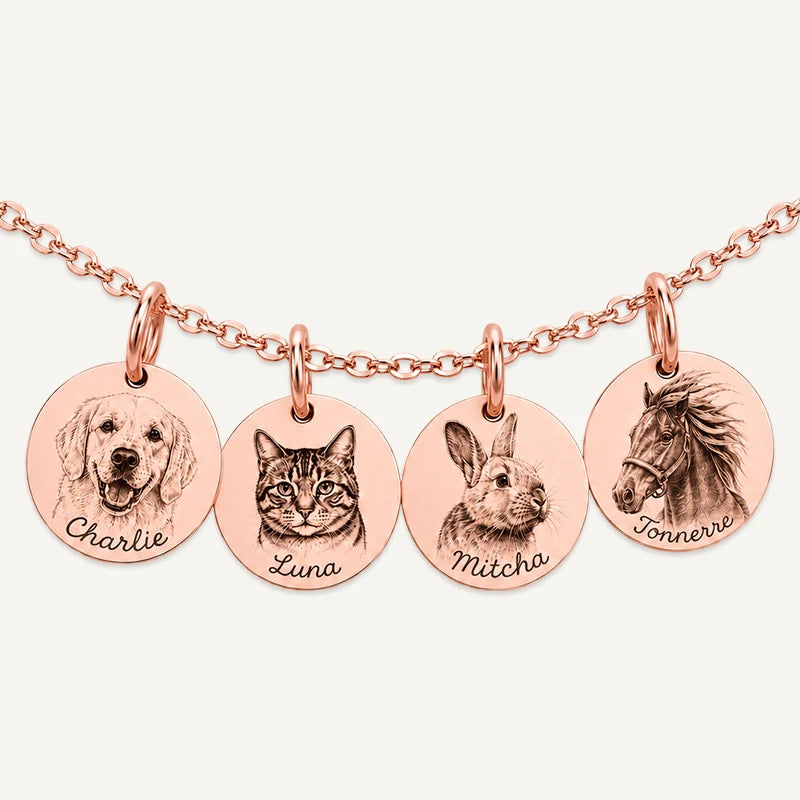 Collier 4 Médaillons Photo Animal Gravé Or Rose