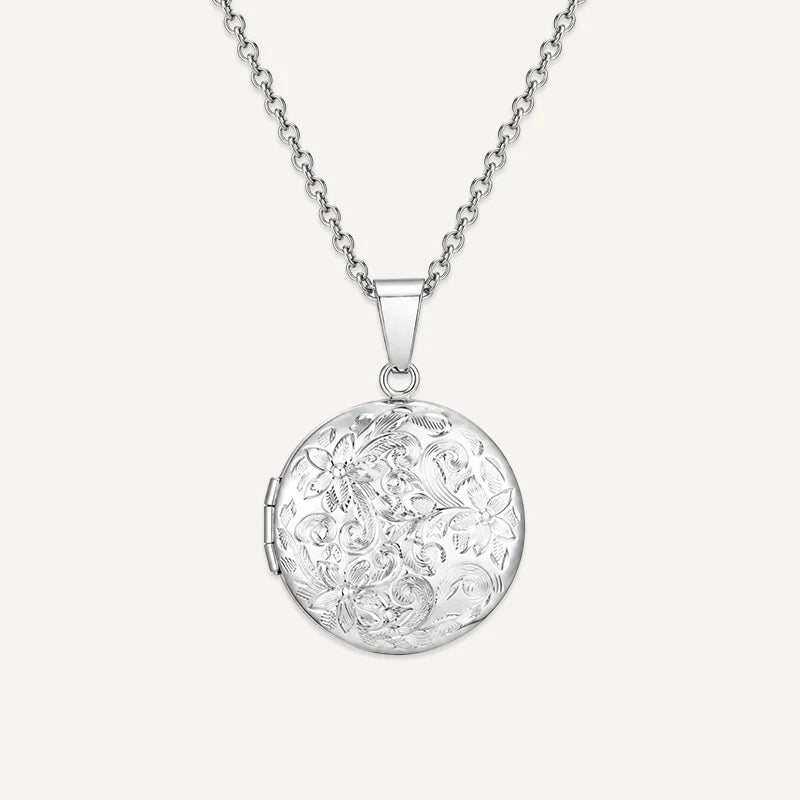 Collier Photo Médaillon Rond Argent Acier Inoxydable
