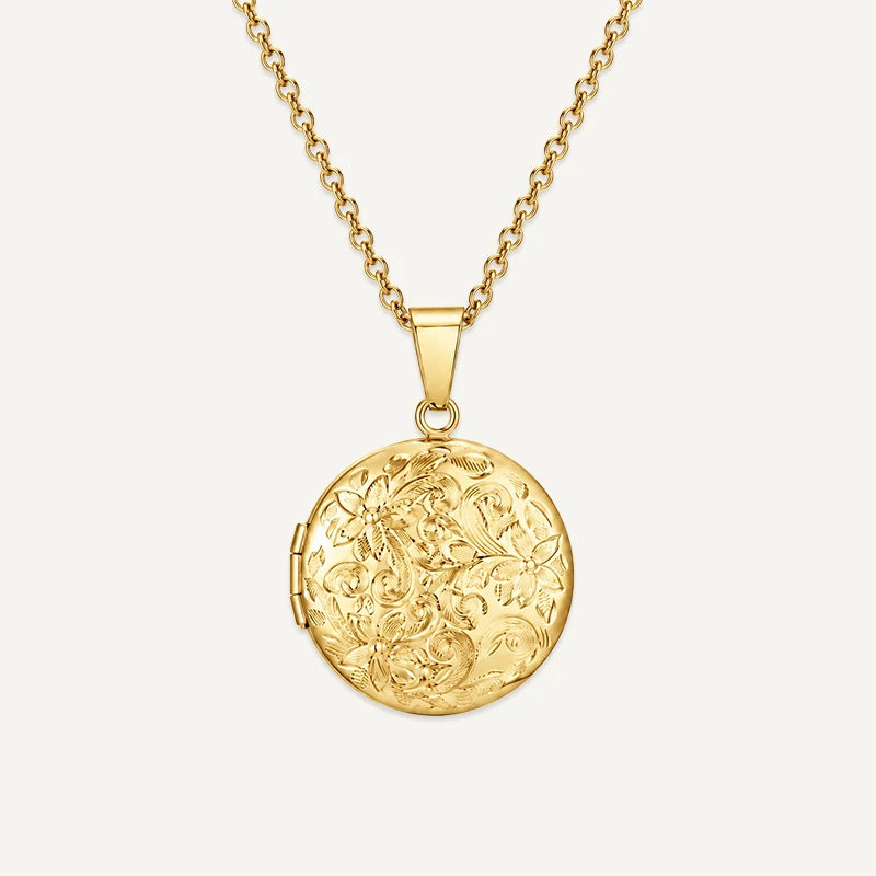 Collier Photo Médaillon Rond Or Acier Inoxydable