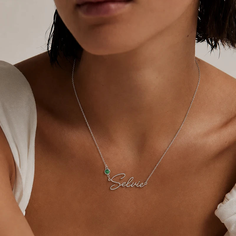 Collier Prénom avec Pierre de Naissance Argent Femme