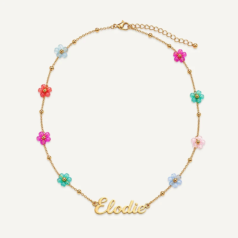 Collier Prénom à Fleurs Colorées Or