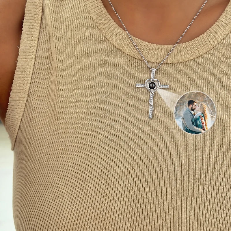 Collier Projection Photo Croix Argent Femme